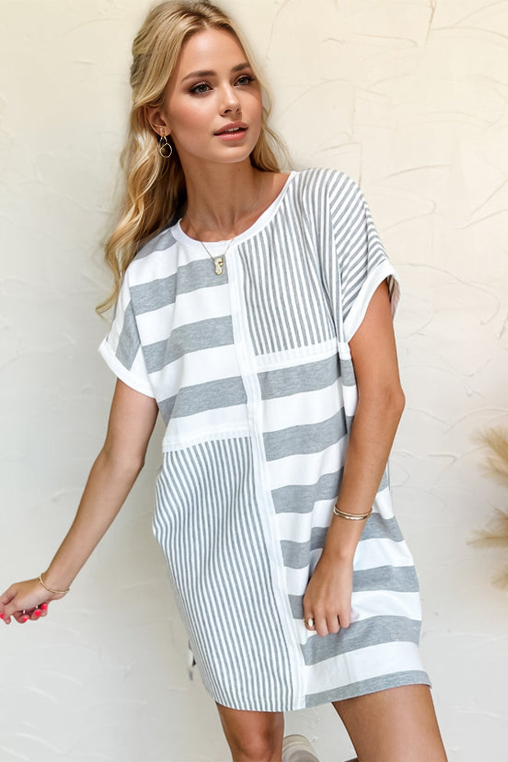 Gray Full Size Striped Round Neck Short Sleeve Mini Tee Dress Casual & Everyday Wear by Stevvex