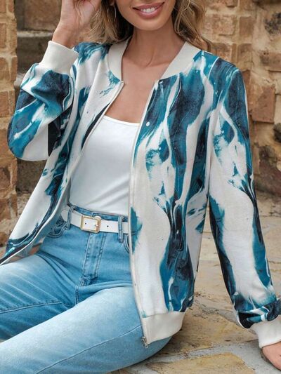 Lightweight Printed Zip-Up Jacket with Baseball Collar and Casual Fit by Stevvex