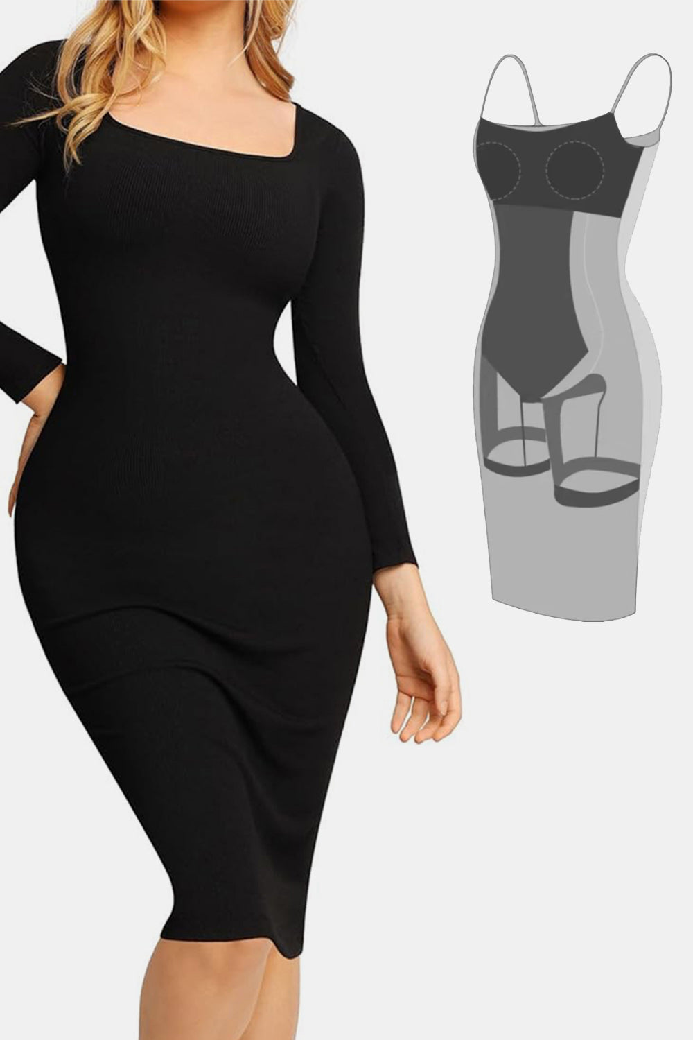 Elegant Black Full Size Built-In Shapewear Square Neck Long Sleeve Dress Sculpting Fit Dress for Women by Stevvex