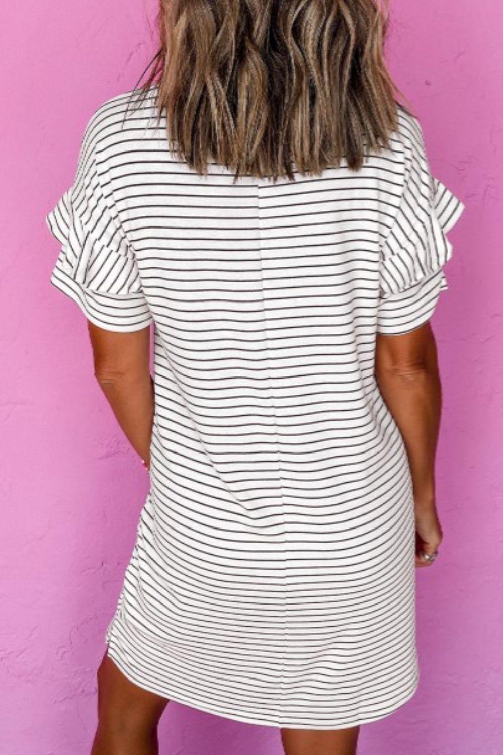 White Striped Round Neck Short Sleeve Mini Dress Casual & Playful Everyday Look Dress by Stevvex