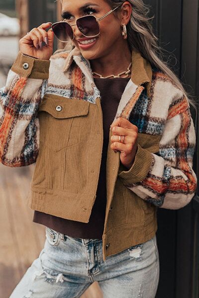 Plaid Corduroy Flap Pockets Button Up Jacket Trendy Outerwear With Classic Flap Pockets For Casual Comfort by Stevvex
