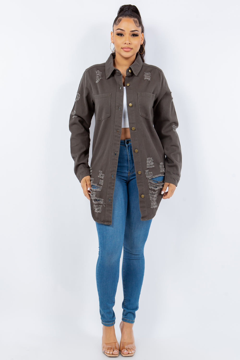 American Bazi Distressed Button Up Long Sleeve Jacket Trendy Buttoned Jacket with Distressed Finish for Women by Stevvex