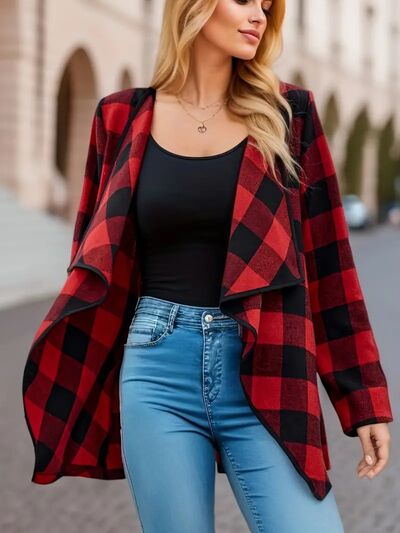 Elegant Plaid Open Front Long Sleeve Jacket Stylish & Cozy Lightweight Breathable Outerwear by Stevvex