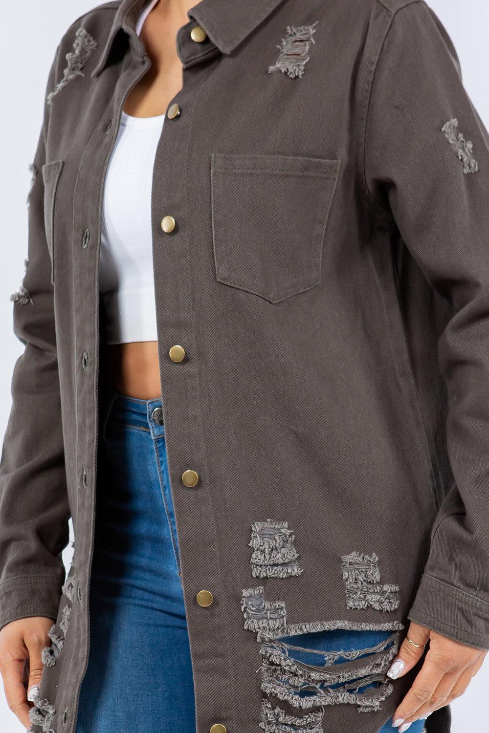 American Bazi Distressed Button Up Long Sleeve Jacket Trendy Buttoned Jacket with Distressed Finish for Women by Stevvex