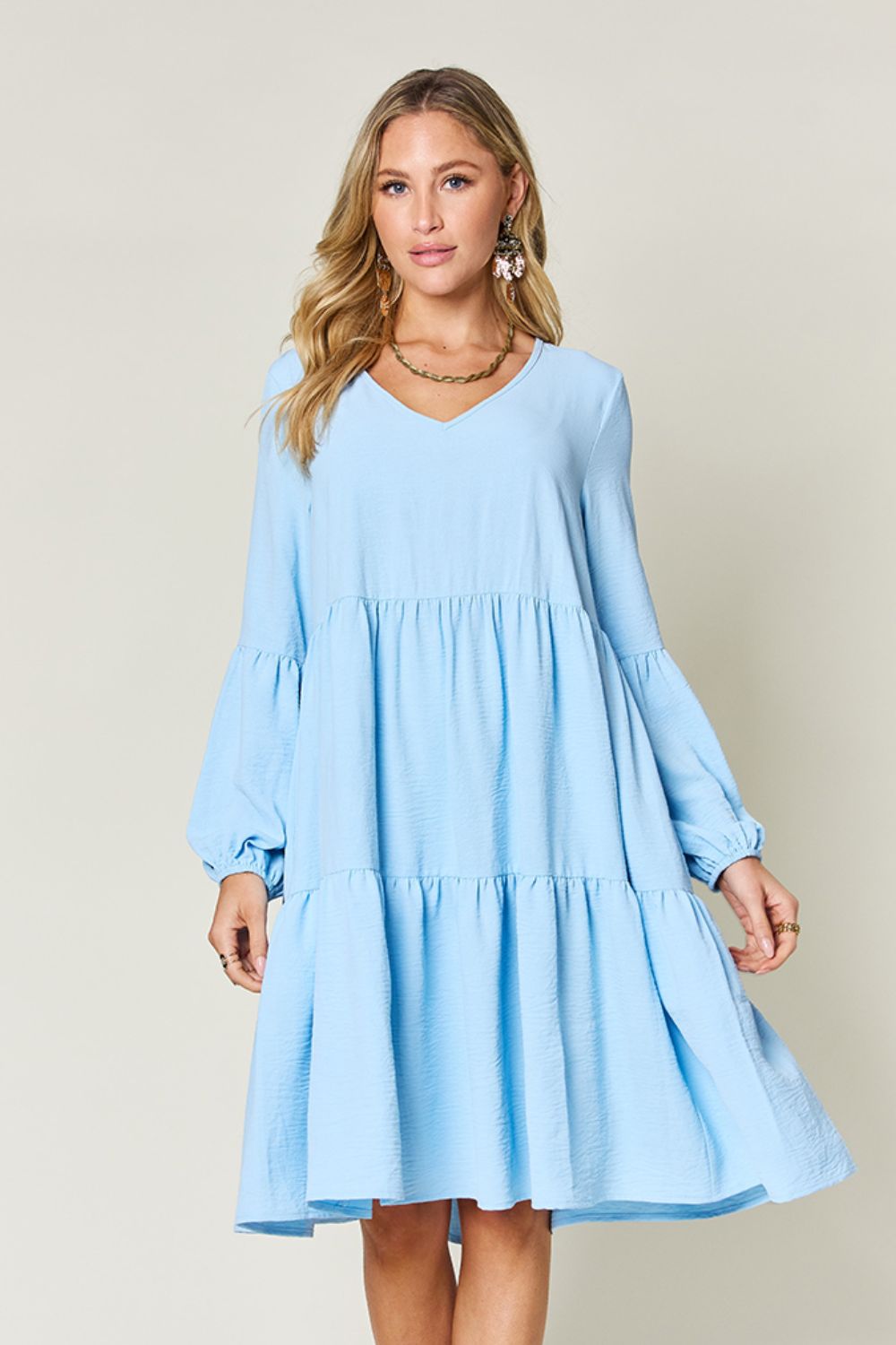 Light Green Double Take Full Size V-Neck Sleeve Tiered Dress with Pockets Elegant & Comfortable Casual Dress by Stevvex