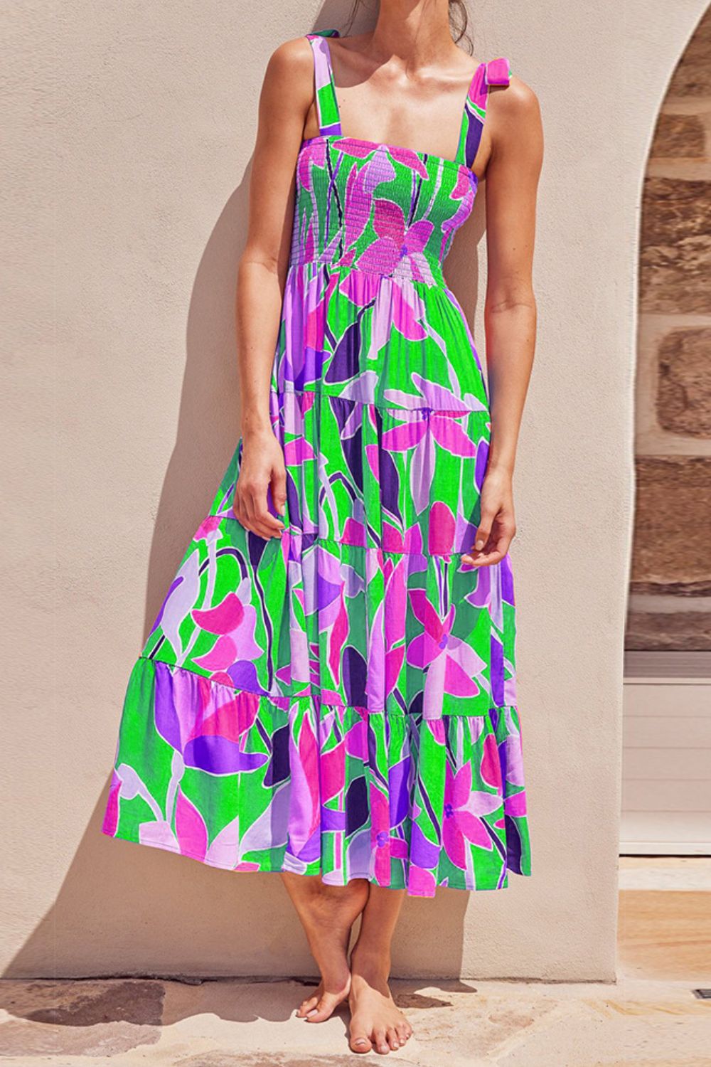 Long Floral Tie-Shoulder Smocked Midi Dress Perfect For Vacation & Summer Days by Stevvex