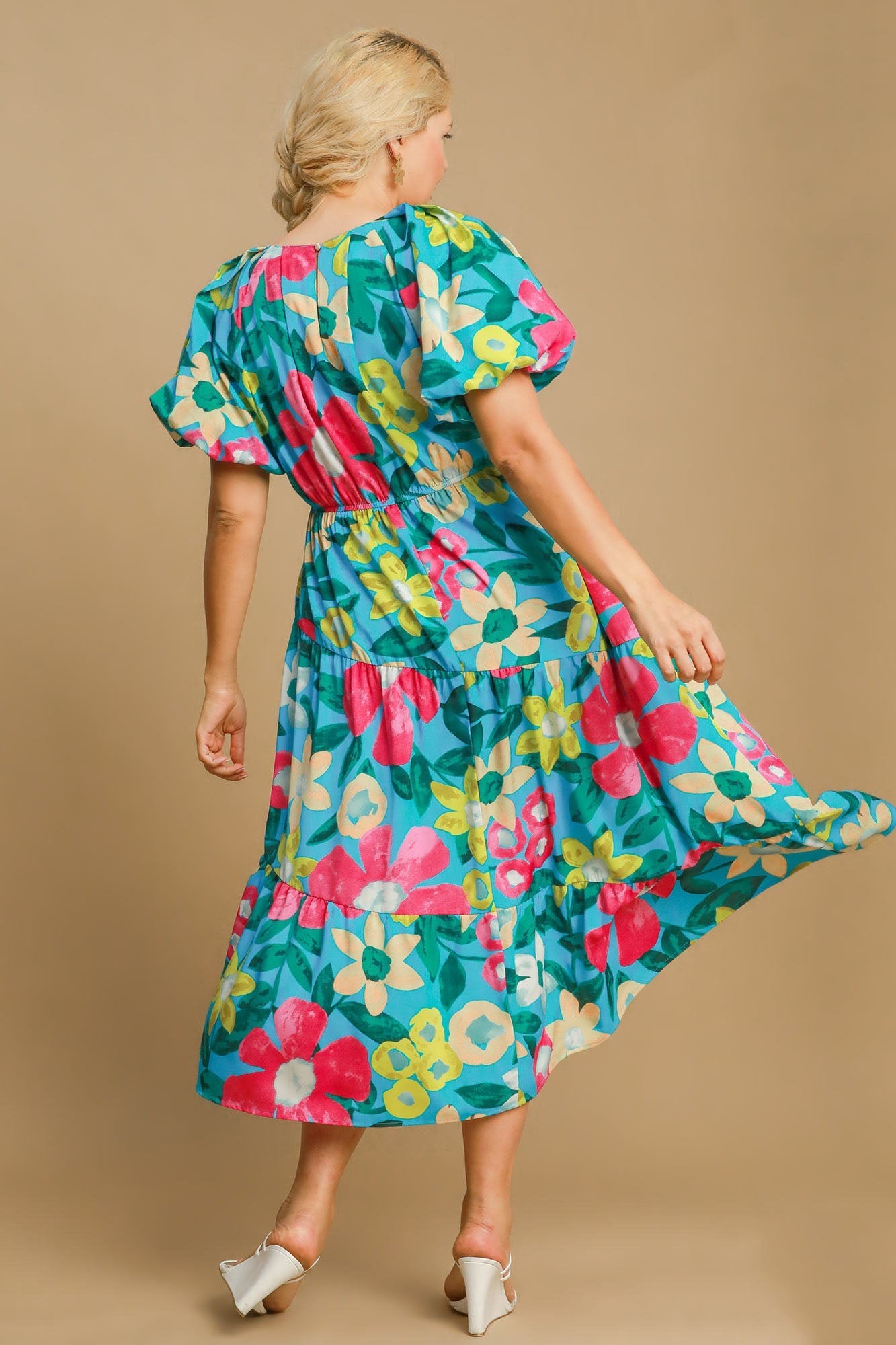 Beautiful Full Size Floral Print Puff Sleeve Midi Dress Plus Size Trendy & Chic Dress Modern Design by Stevvex