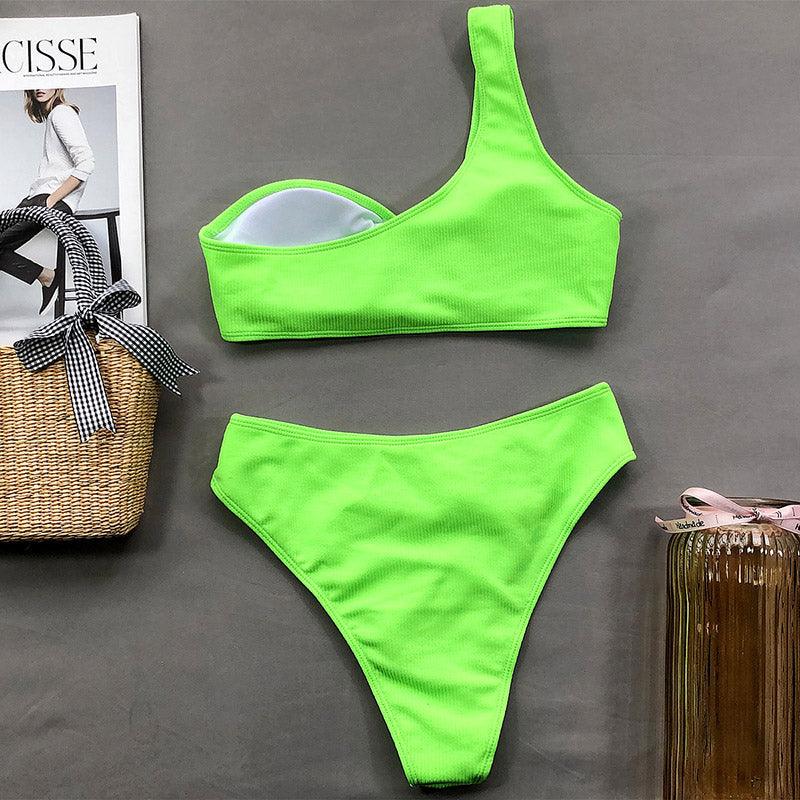 Modern Design Bikini Set One Shoulder Women's Swimsuits High Waist Bright Color Swimwear Women Rings Ribbed Bikinis Women's Ribbed O-Ring String Bikini Swimsuit Comfortable Swimwear