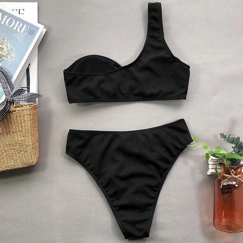 Modern Design Bikini Set One Shoulder Women's Swimsuits High Waist Bright Color Swimwear Women Rings Ribbed Bikinis Women's Ribbed O-Ring String Bikini Swimsuit Comfortable Swimwear