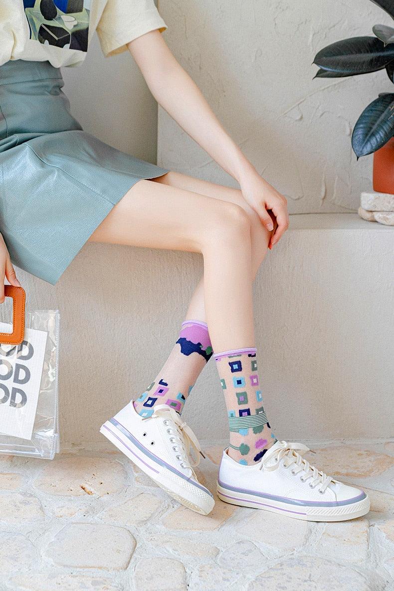 Fashion Women Socks New Spring Summer Mesh Thin Long Printed Socks Women Casual Breathable Fresh Flower Socks Korea Style Color Thin Socks For Women