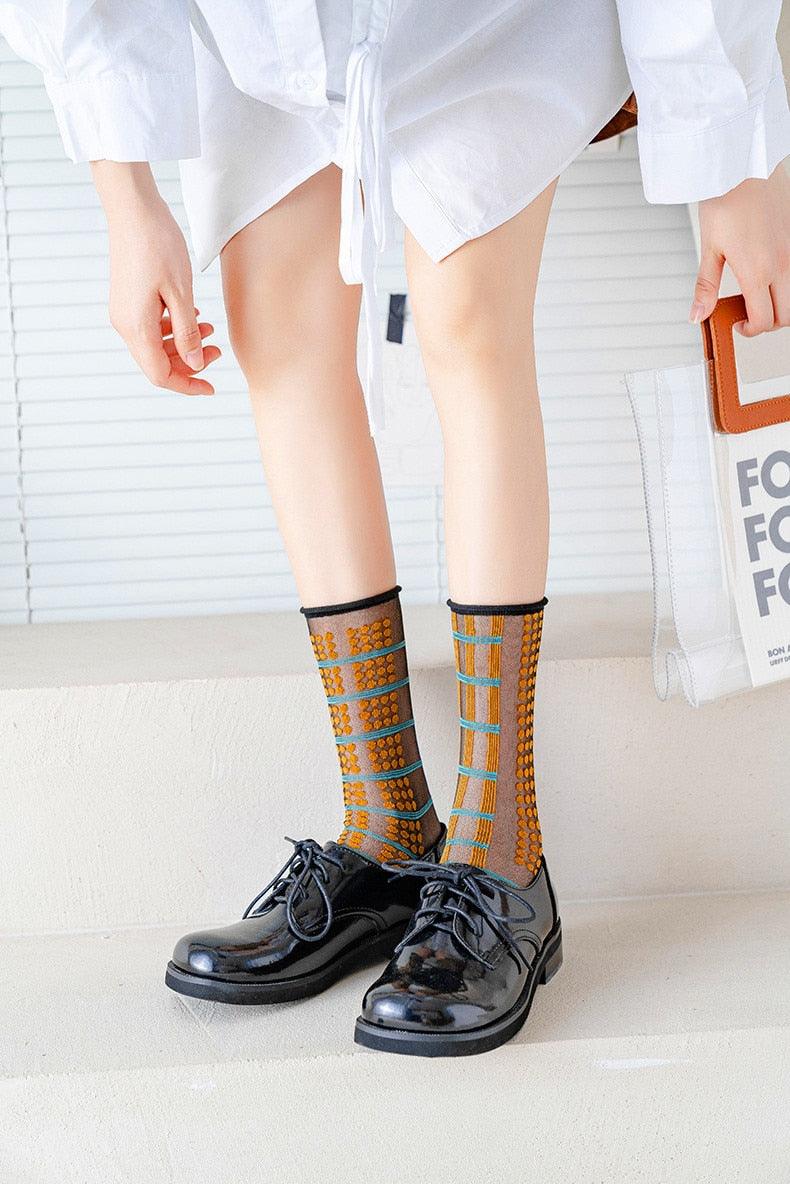 Fashion Women Socks New Spring Summer Mesh Thin Long Printed Socks Women Casual Breathable Fresh Flower Socks Korea Style Color Thin Socks For Women