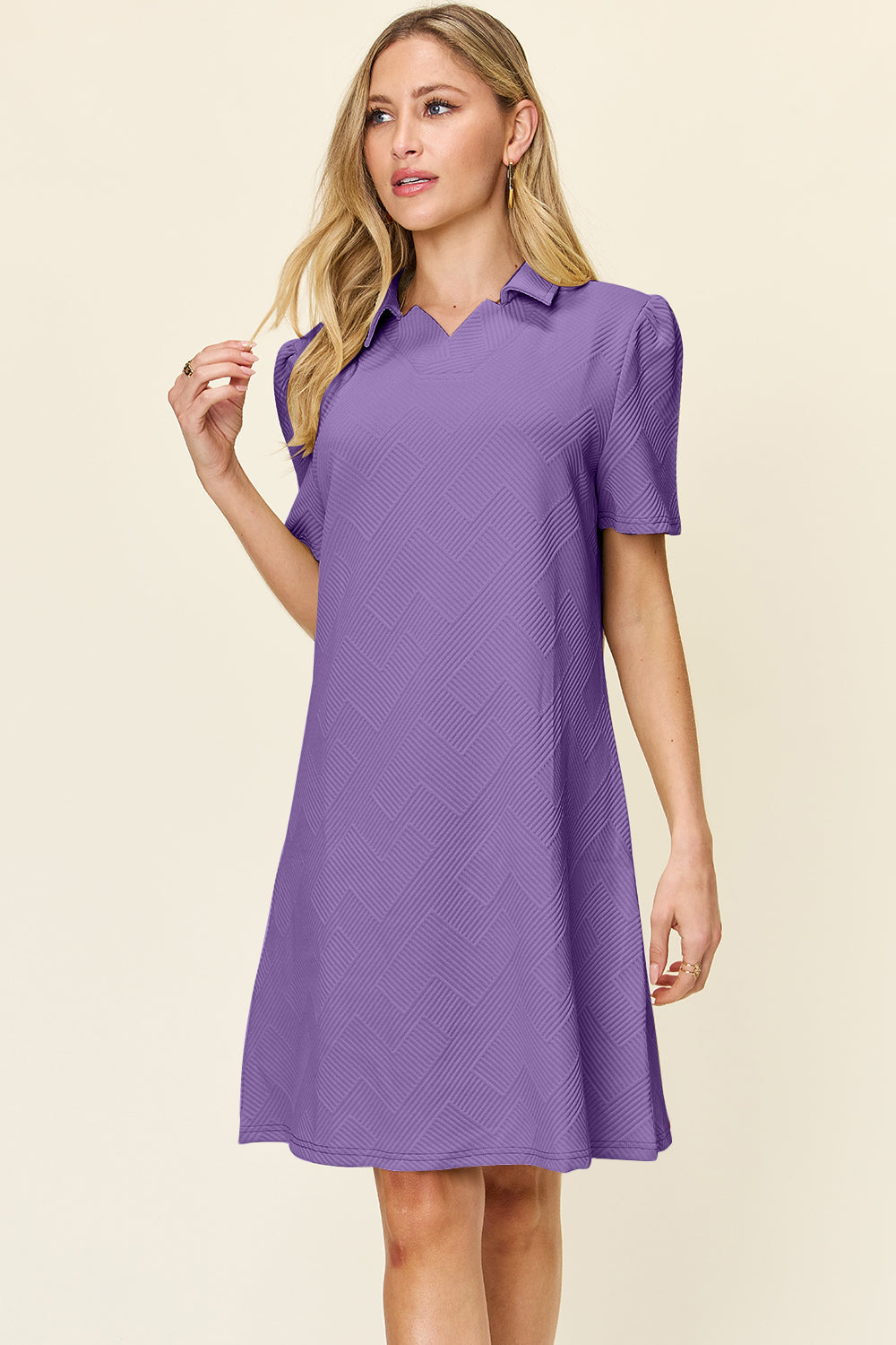Double Take Full Size Texture Collared Neck Short Sleeve Dress Textured Dress For Women by Stevvex
