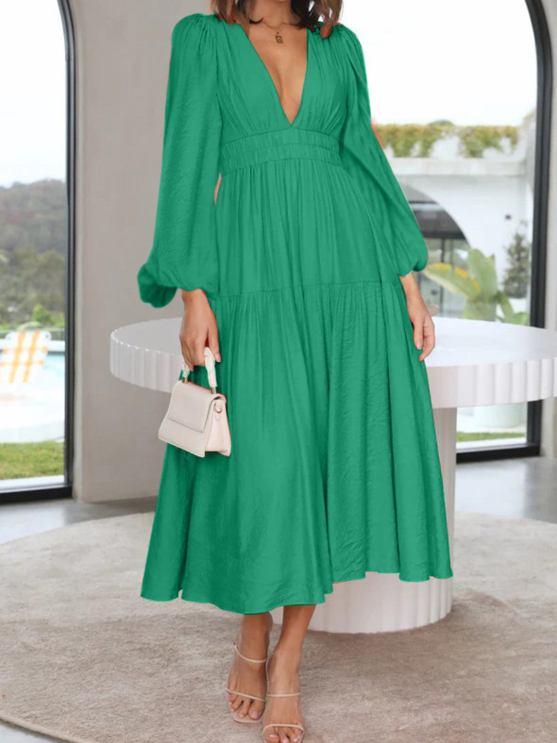 Lightweight Deep V-Neck Balloon Sleeve Maxi Dress Elegant & Flowing Silhouette Unique Dress by Stevvex
