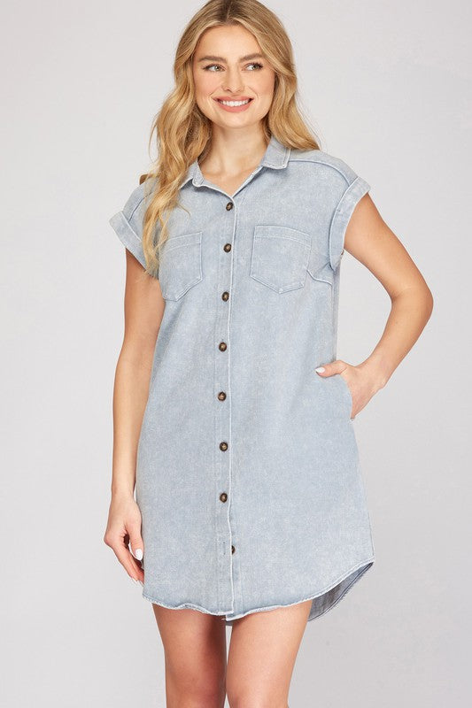 Blue Grey Full Size Folded Cuff Button-Down Shirt Dress Plus Size Casual Simple Women Dress by Stevvex