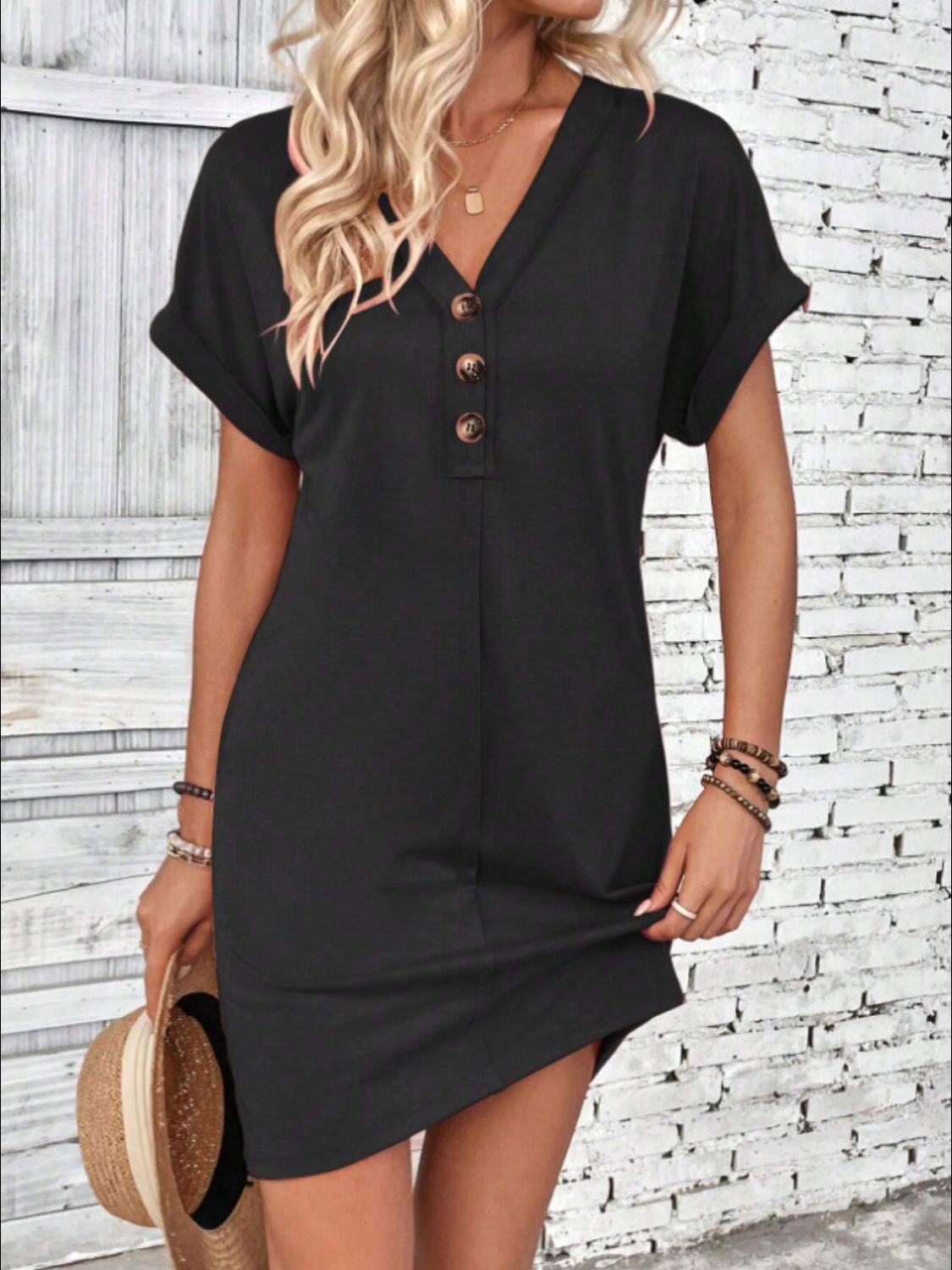 Elegant Button V-Neck Short Sleeve Dress Flattering Casual & Office Wear Simple Dress by Stevvex
