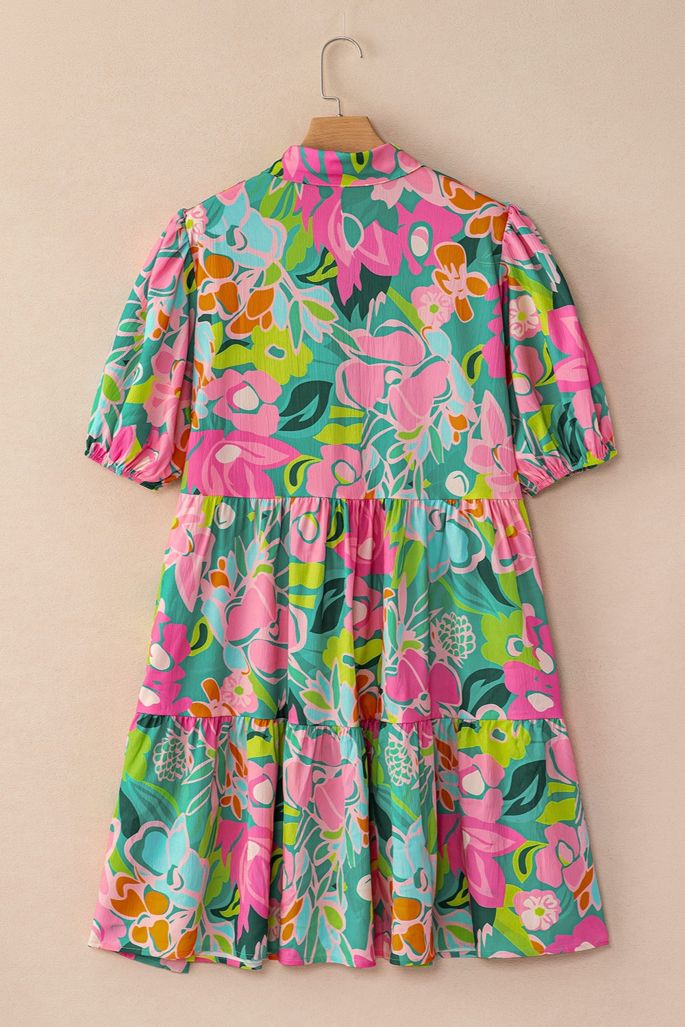 Floral Printed Collared Neck Puff Sleeve Mini Dress Vintage-Inspired Unique Colorful Dress by Stevvex