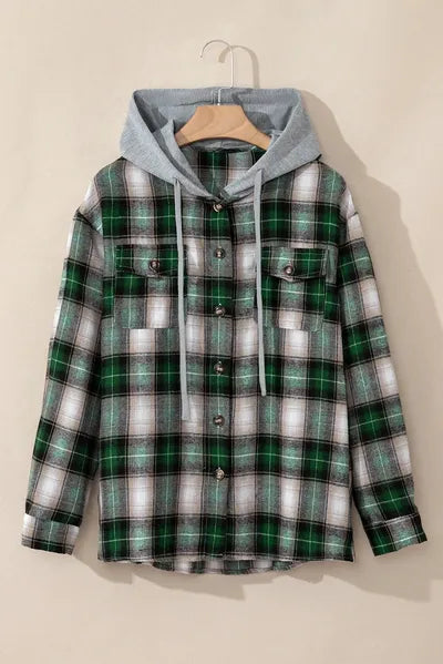 Dark Green Drawstring Pocketed Plaid Hooded Jacket Cozy & Trendy Checkered Outerwear For All Seasons by Stevvex