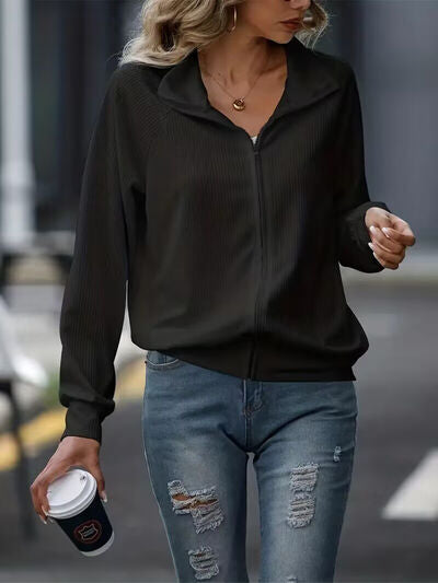 Simple White Zip Up Collared Neck Raglan Sleeve Jacket Comfortable Versatile Casual Women Wear by Stevvex