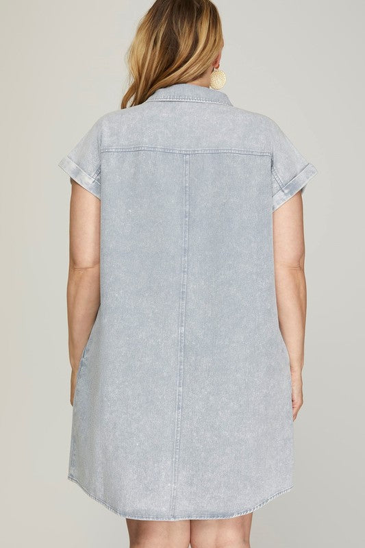 Blue Grey Full Size Folded Cuff Button-Down Shirt Dress Plus Size Casual Simple Women Dress by Stevvex