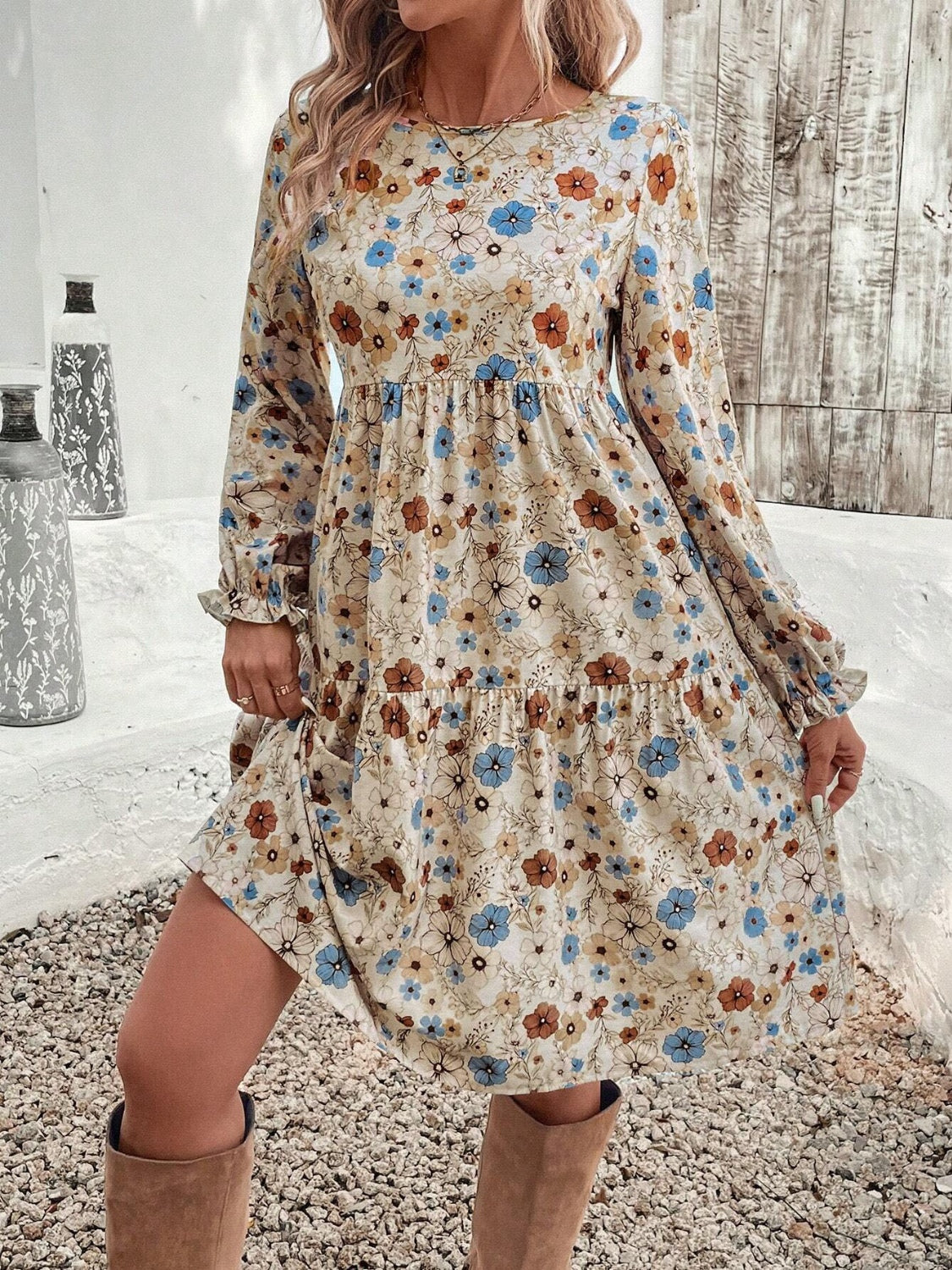 Tiered Floral Round Neck Long Sleeve Dress Elegant Summer Lightweight Breathable Dress by Stevvex