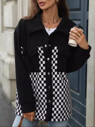 Black Checkered Snap Down Long Sleeve Jacket Stylish & Functional Buttoned Outerwear by Stevvex
