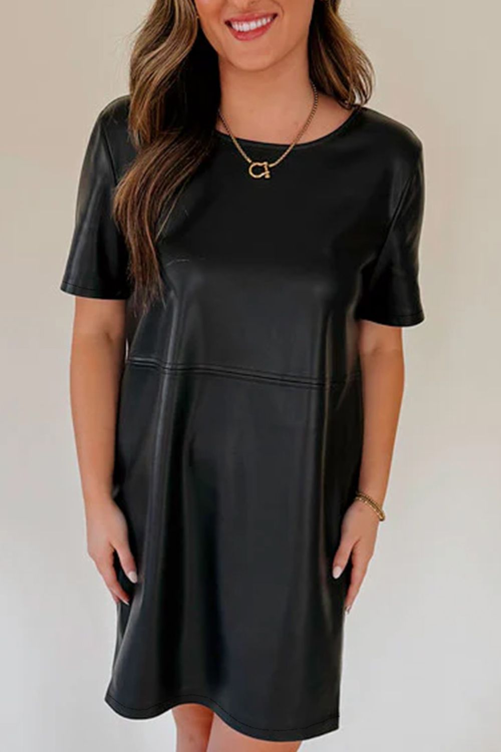 Black Round Neck Short Sleeve Mini Dress Basic Style Dress For Women Simple Style Dress by Stevvex