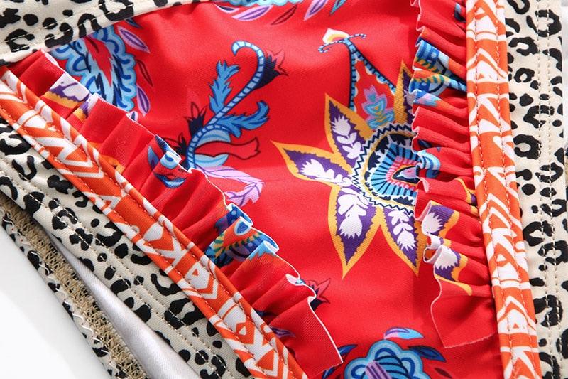 Handwork Bikinis Small Ruffle Swimsuit Vintage Print Swimwear Women Bathing Suit Leopard Patchwork Bikini Set String