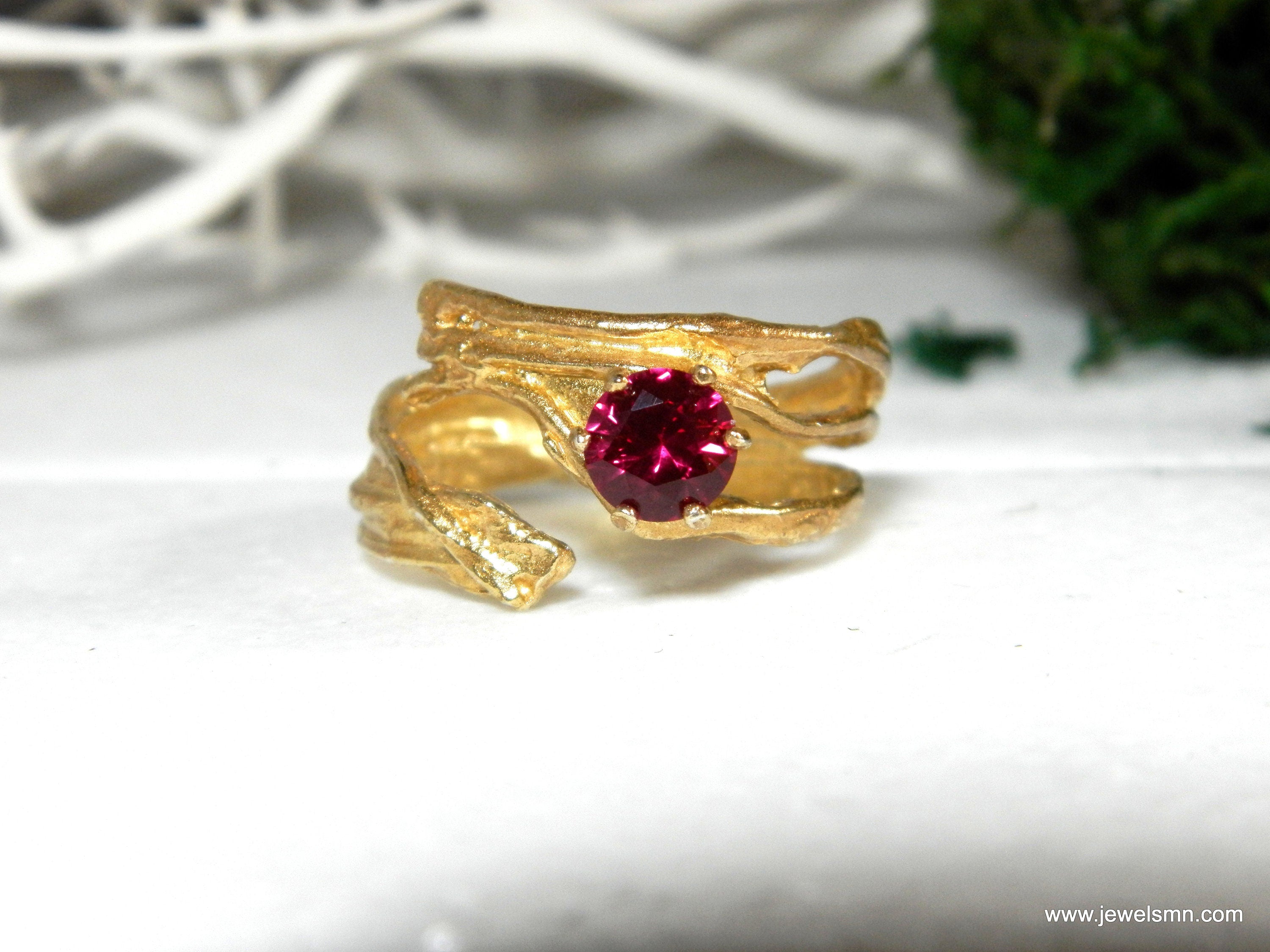 Gold Branch Ring with Lab Diamond, 14K Gold Plated Sterling Silver 925 Jewelry, Handmade Jewelry Gift for Women, Nature-Inspired Ring