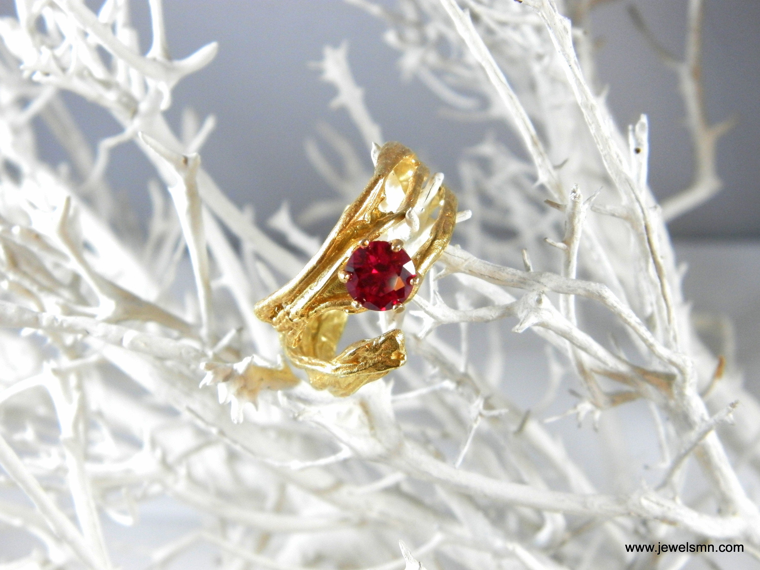 Gold Branch Ring with Lab Diamond, 14K Gold Plated Sterling Silver 925 Jewelry, Handmade Jewelry Gift for Women, Nature-Inspired Ring