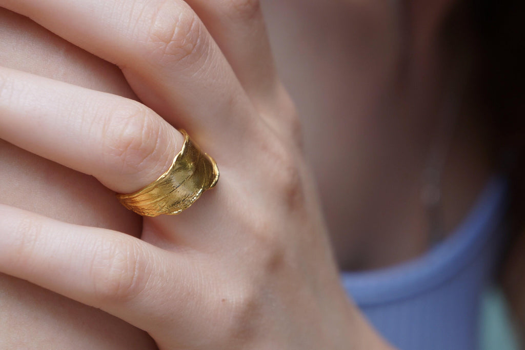 Gold Feather Ring, Gold-Plated Brass Jewelry, Dove Feather Band, Gift for Her, Birthday Gift for Women, Handmade Jewelry
