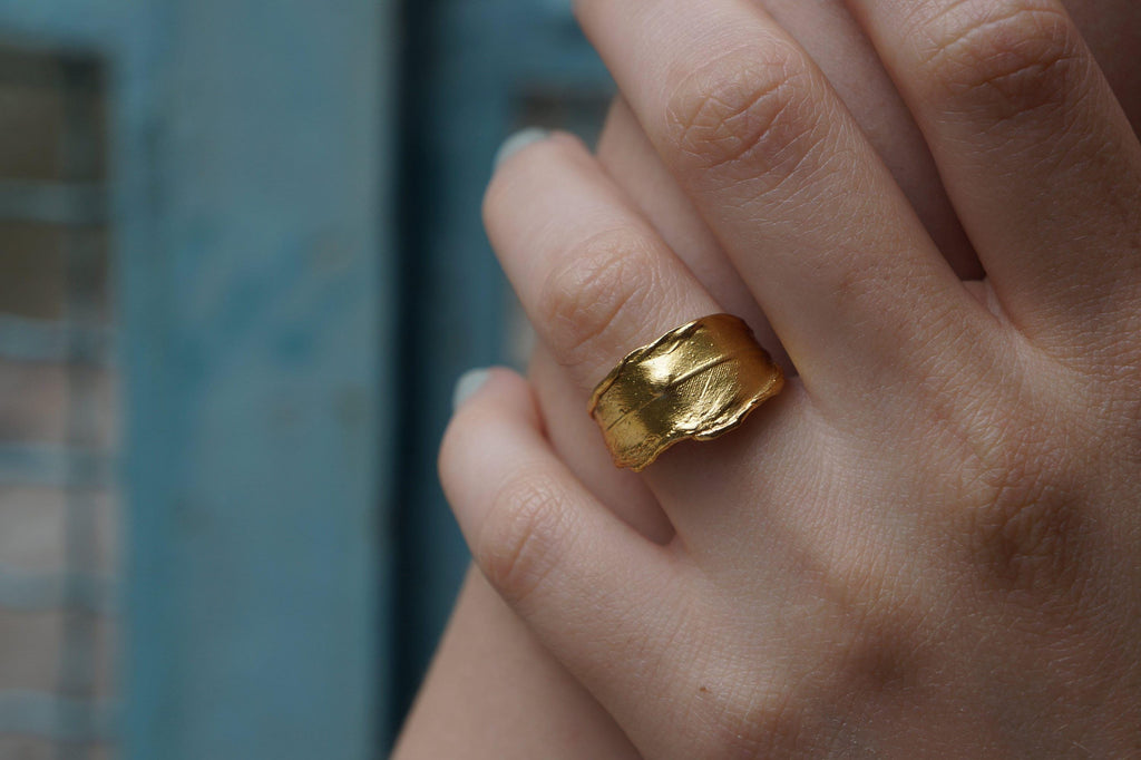 Gold Feather Ring, Gold-Plated Brass Jewelry, Dove Feather Band, Gift for Her, Birthday Gift for Women, Handmade Jewelry