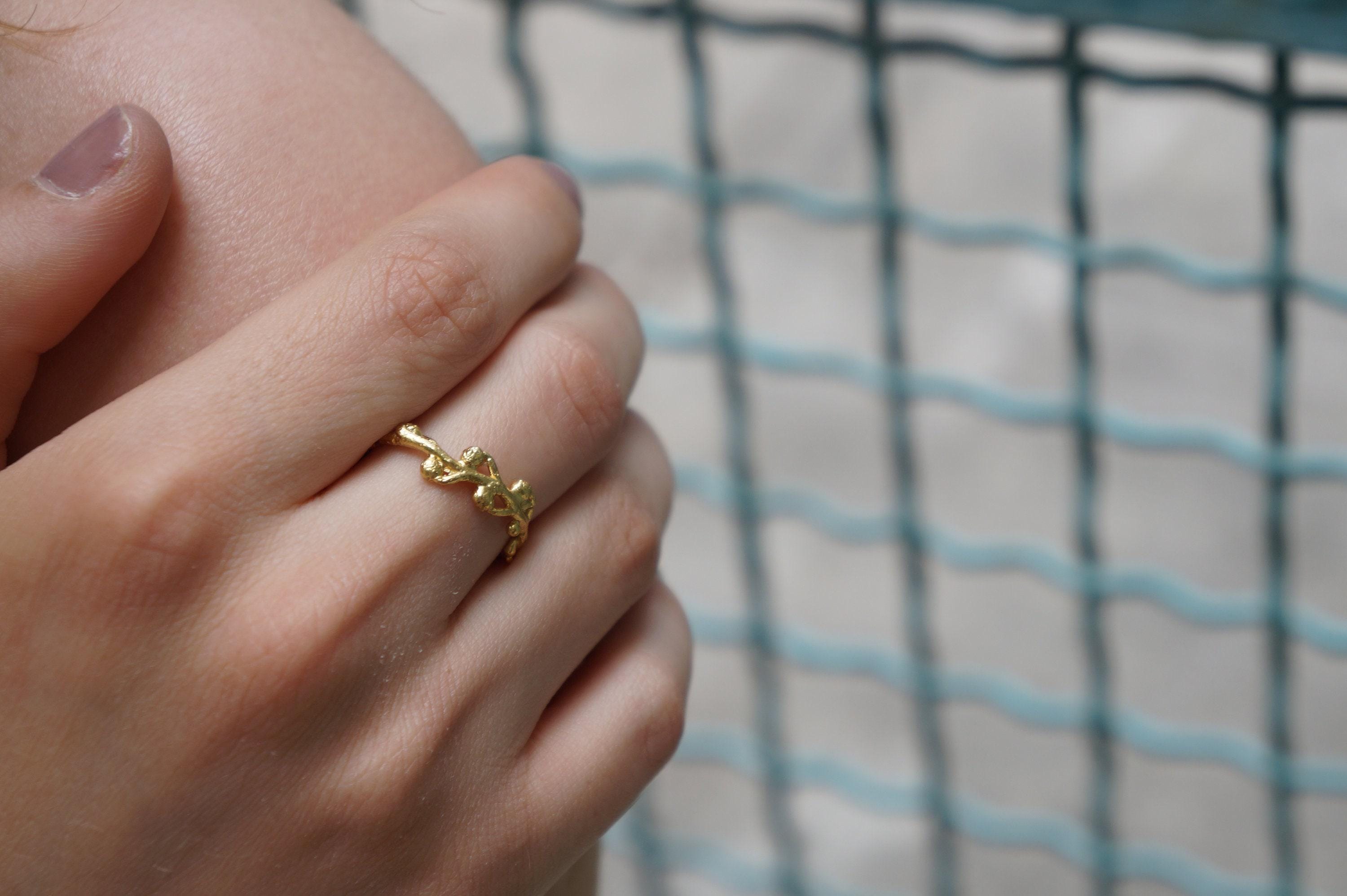 Gold Acacia Ring, Gold-Plated Sterling Silver Jewelry, Acacia Leaf Band, Gift for Her, Birthday Gift for Women, Handmade Jewelry