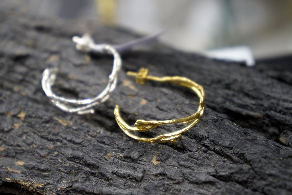 Silver Jasmine Branch Earrings, Gold Plated Sterling Silver 925 Jewelry, Twig Hoop Earrings, Handmade Minimalist Jewelry Gift, Birthday Gift