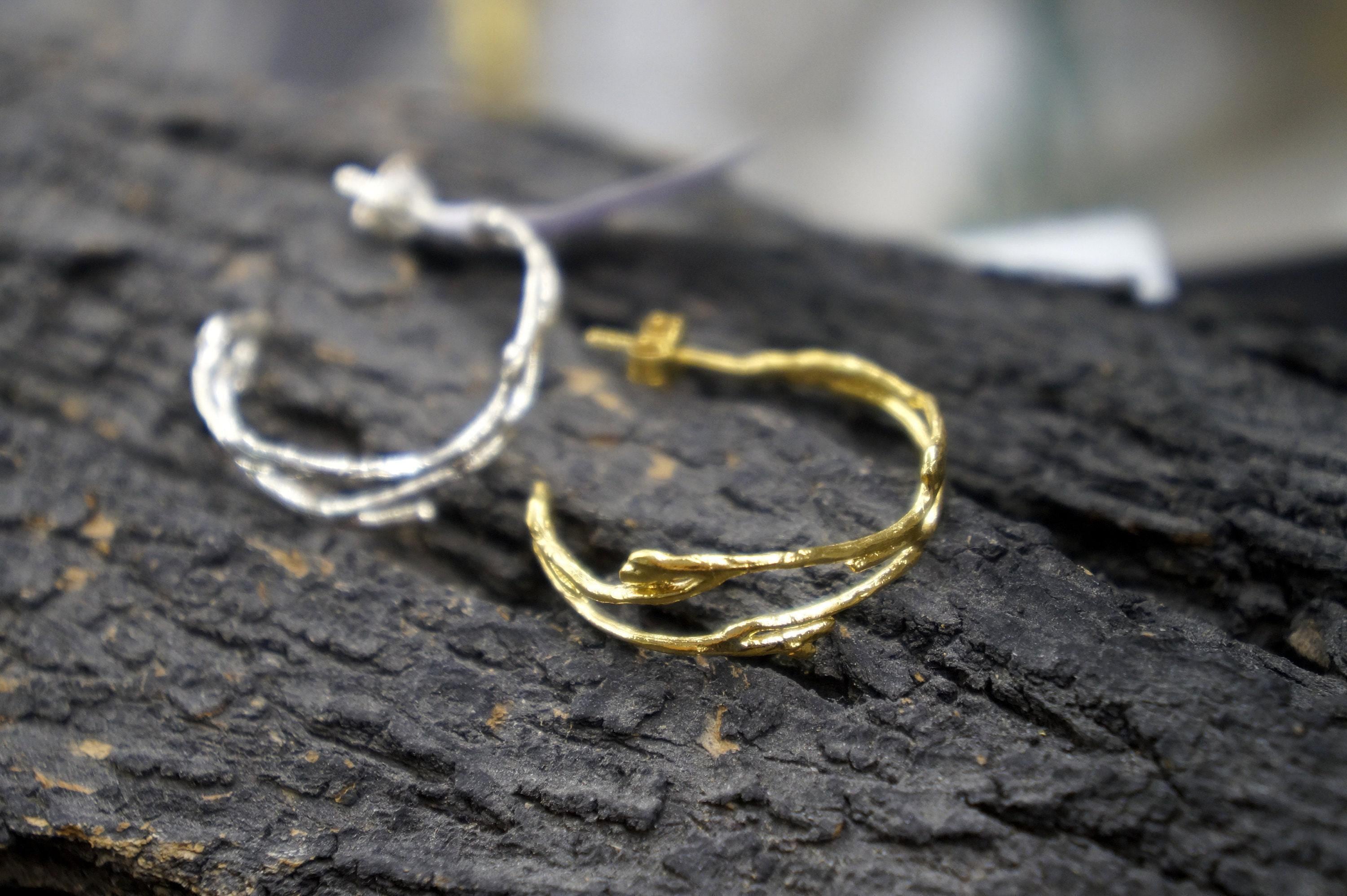 Silver Jasmine Branch Earrings, Gold Plated Sterling Silver 925 Jewelry, Twig Hoop Earrings, Handmade Minimalist Jewelry Gift, Birthday Gift