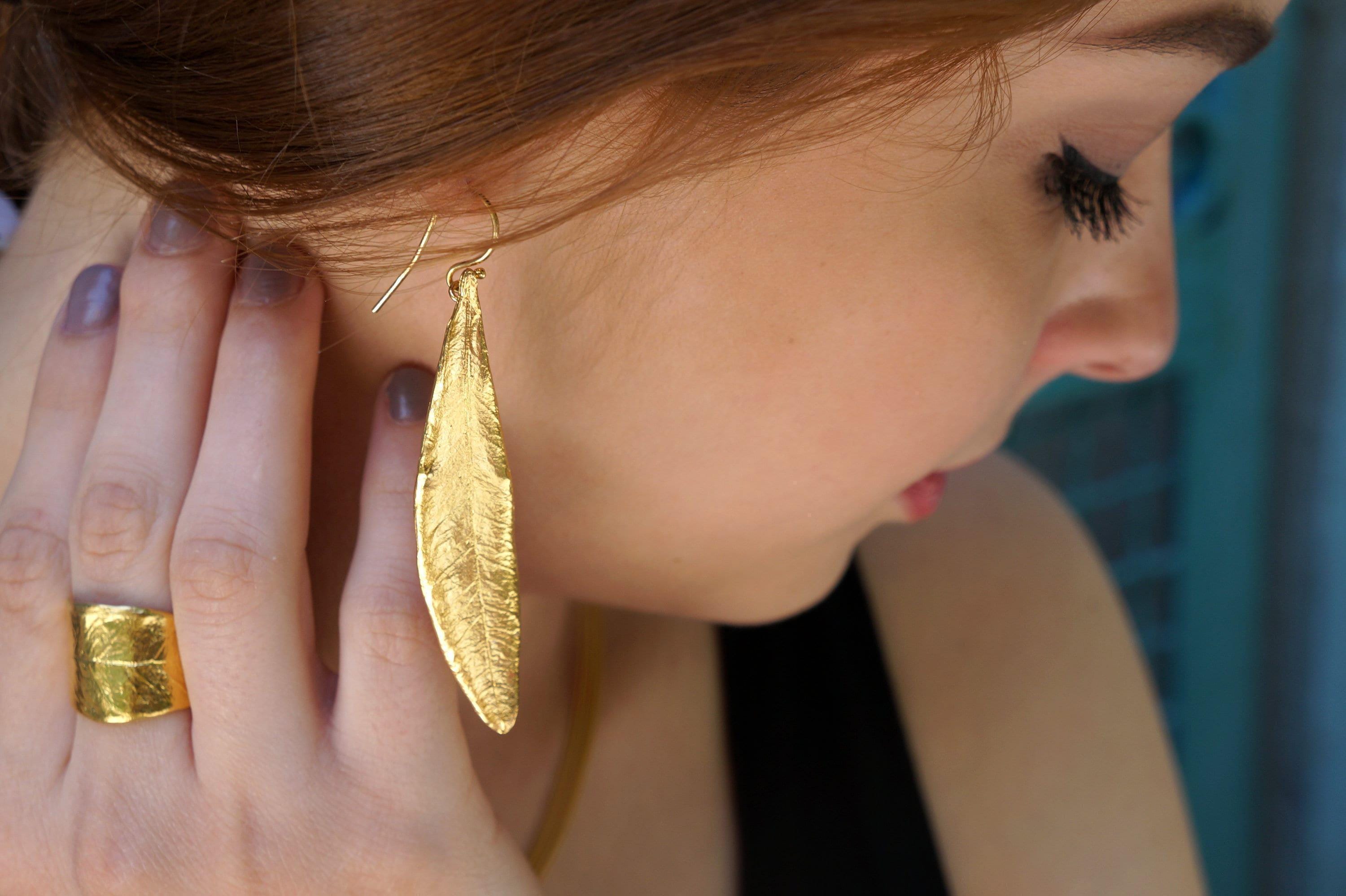 Gold Olive Leaf Earrings, Gold-Plated Brass Jewelry, Dangle Earring, Gift for Her, Birthday Gift for Women, Handmade Jewelry