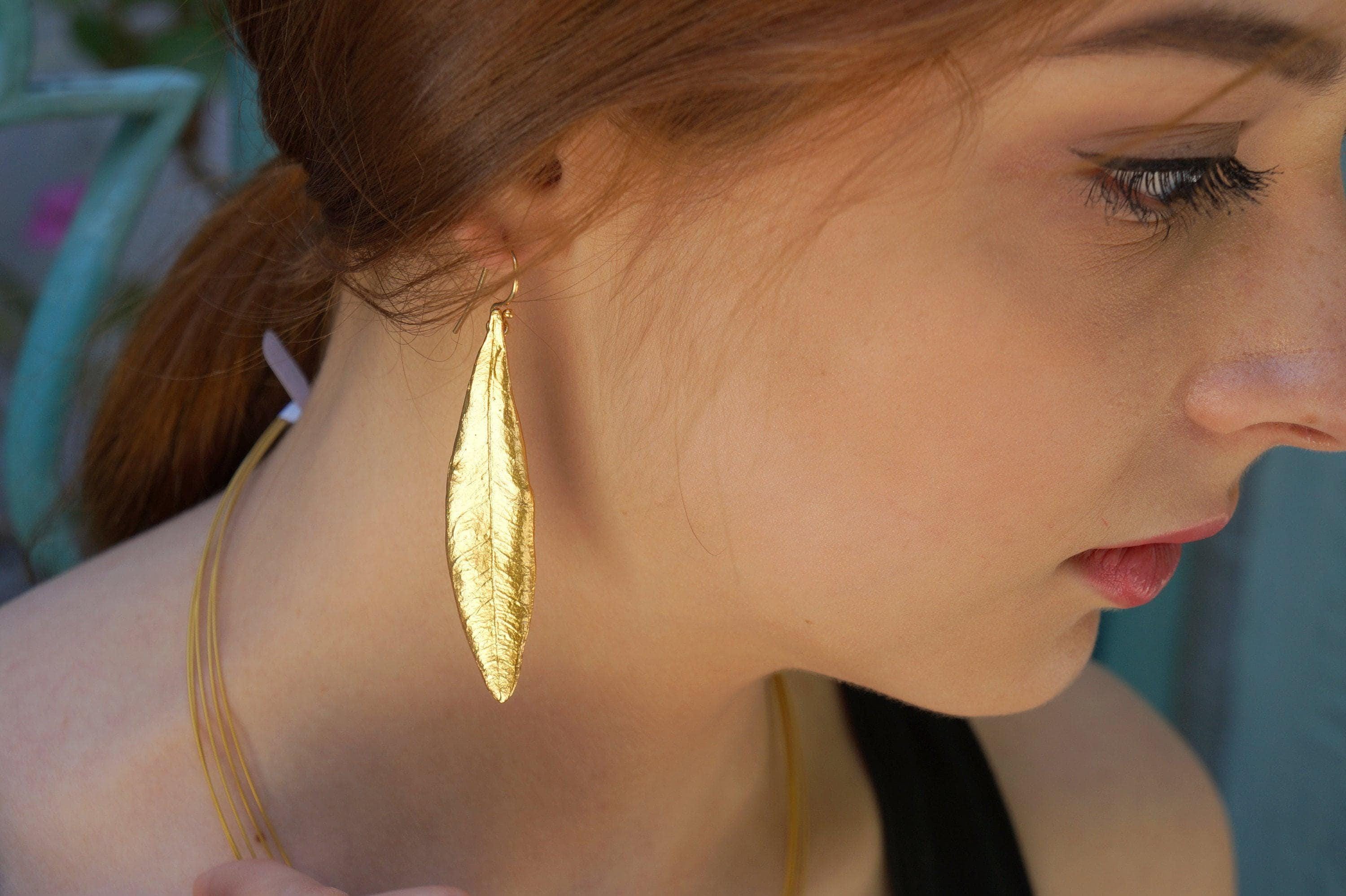 Gold Olive Leaf Earrings, Gold-Plated Brass Jewelry, Dangle Earring, Gift for Her, Birthday Gift for Women, Handmade Jewelry