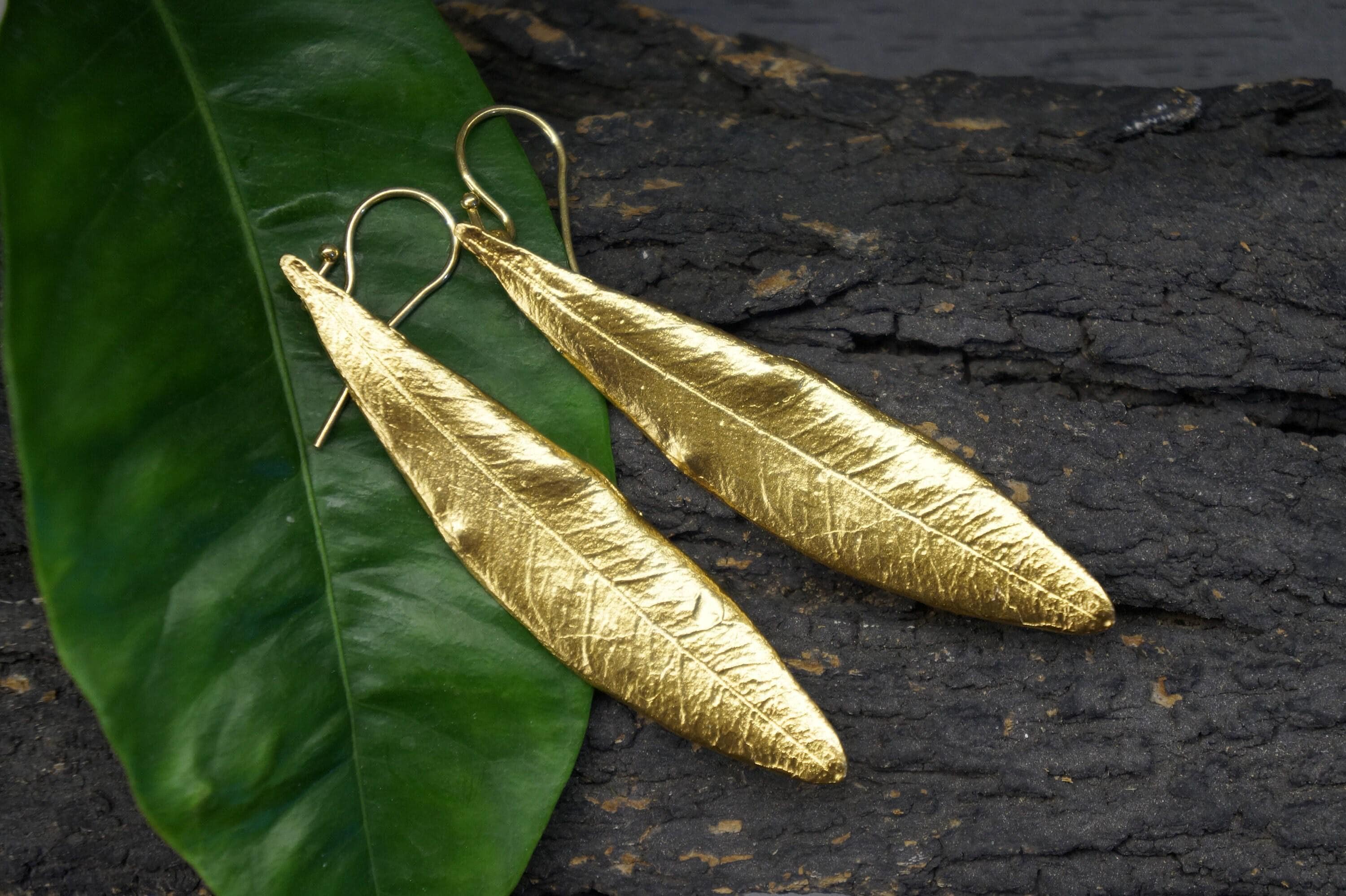 Gold Olive Leaf Earrings, Gold-Plated Brass Jewelry, Dangle Earring, Gift for Her, Birthday Gift for Women, Handmade Jewelry