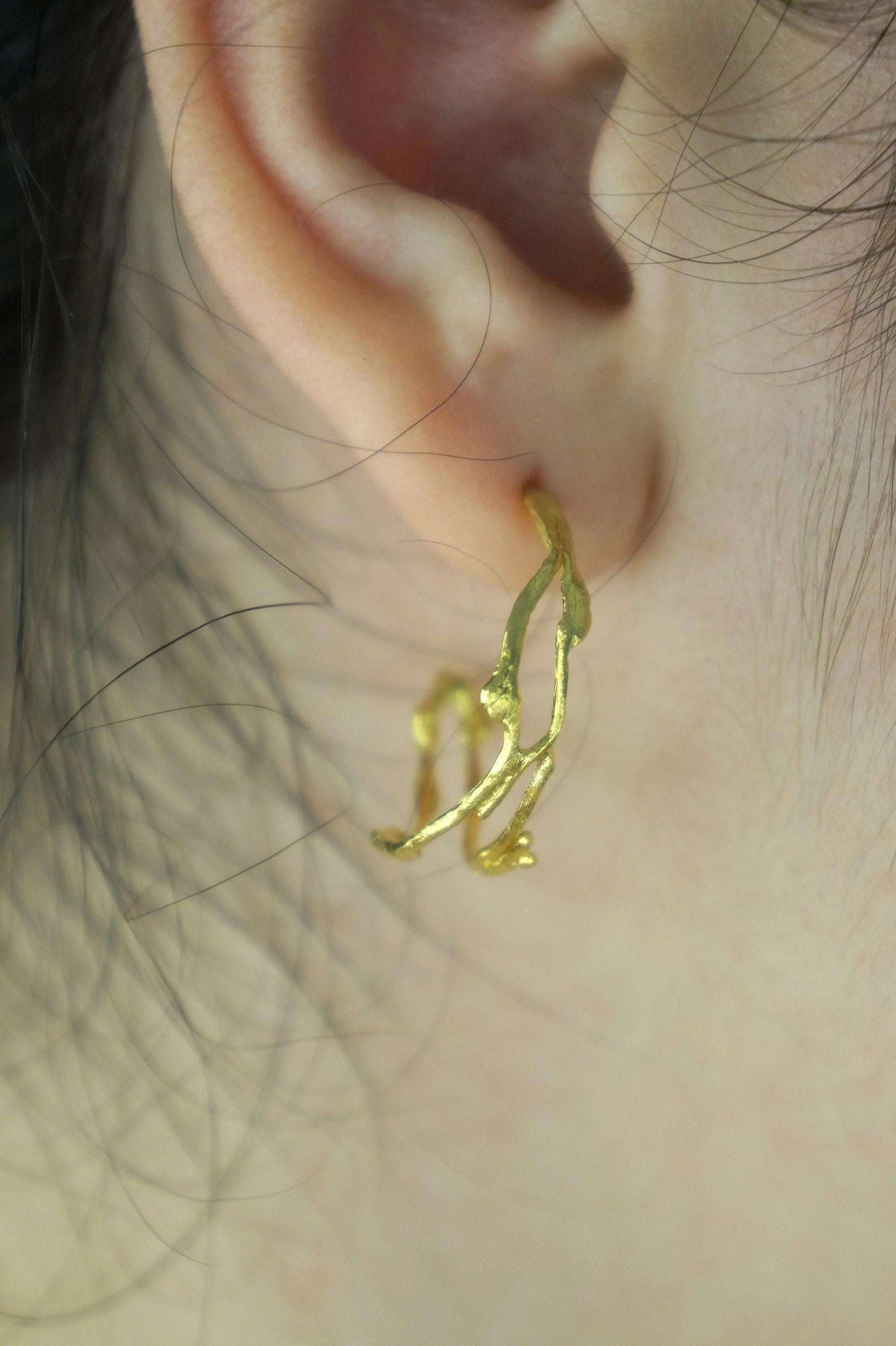 Silver Jasmine Branch Earrings, Gold Plated Sterling Silver 925 Jewelry, Twig Hoop Earrings, Handmade Minimalist Jewelry Gift, Birthday Gift