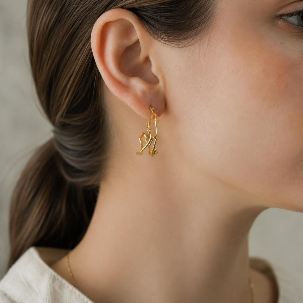 Silver Jasmine Branch Earrings, Gold Plated Sterling Silver 925 Jewelry, Twig Hoop Earrings, Handmade Minimalist Jewelry Gift, Birthday Gift