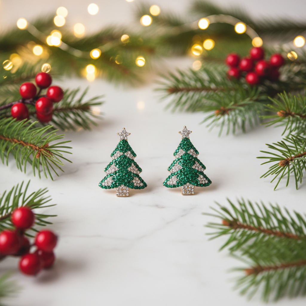 Christmas Tree Rhinestone Earrings lifestyle photo