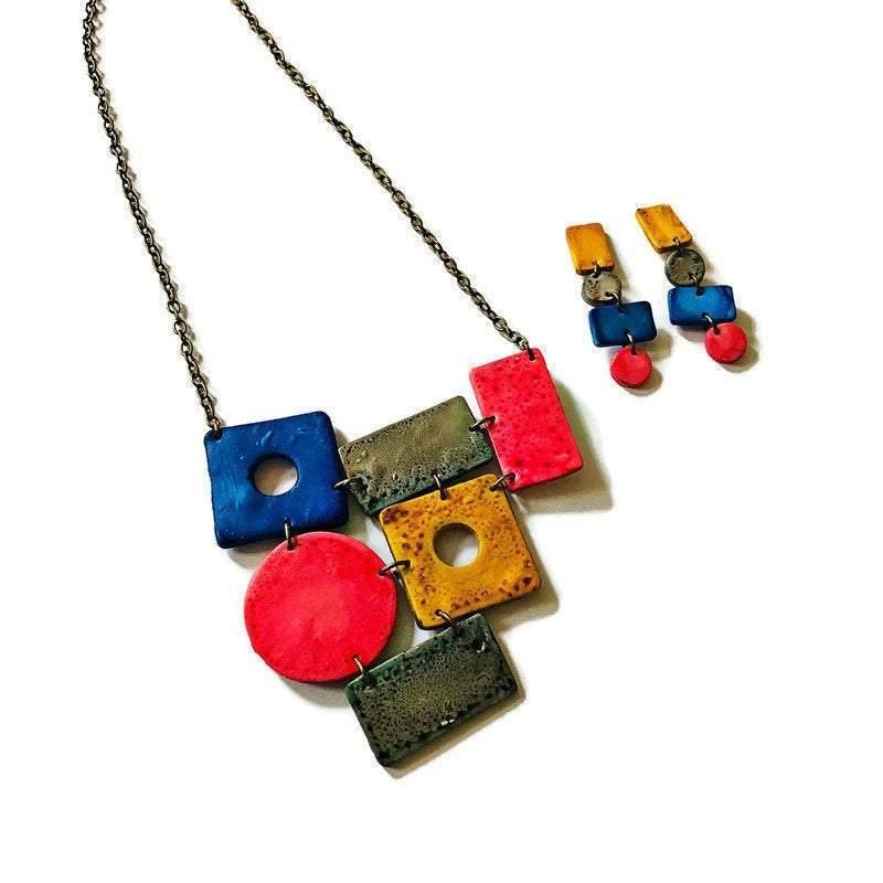 Colorful Geometric Jewelry Set — Statement Necklace & Earrings