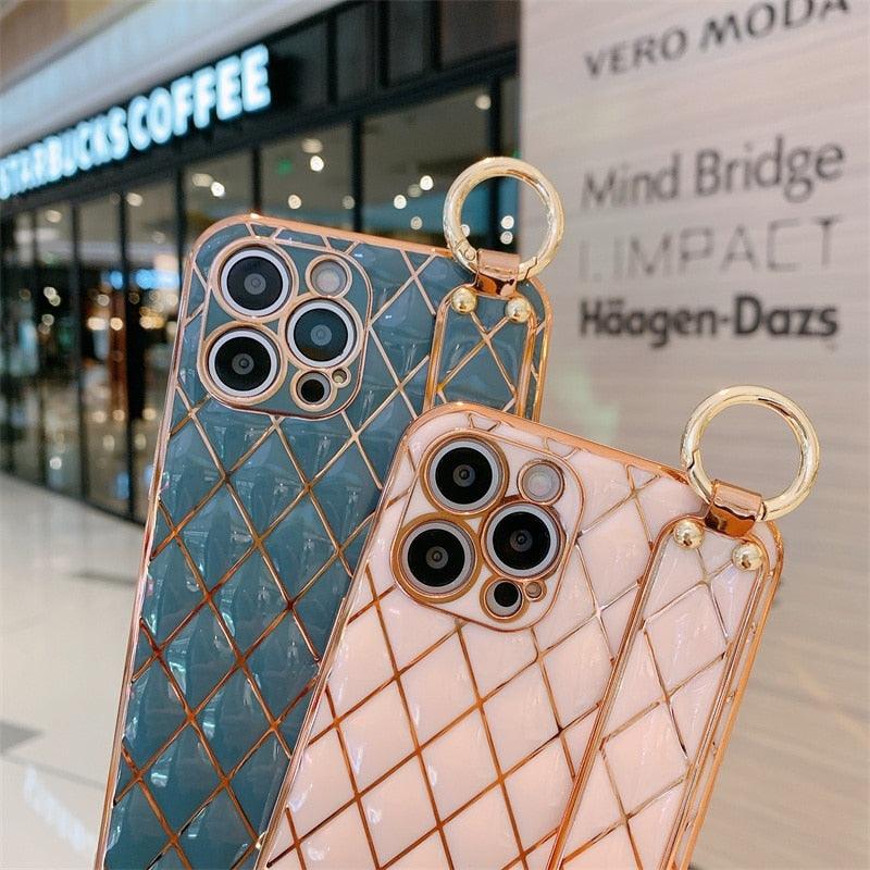 Luxury Blue Pink Gold Color Plating Soft Case Cell Phone Case For iPhone 11 12 13 Pro Max XS Max XR X 8 7 Plus Luxury Wrist Strap Plating Frame Geometric Soft Covers Bumper Iphone Case
