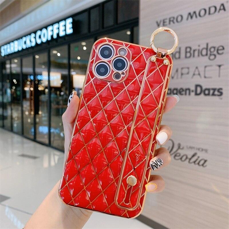Luxury Blue Pink Gold Color Plating Soft Case Cell Phone Case For iPhone 11 12 13 Pro Max XS Max XR X 8 7 Plus Luxury Wrist Strap Plating Frame Geometric Soft Covers Bumper Iphone Case