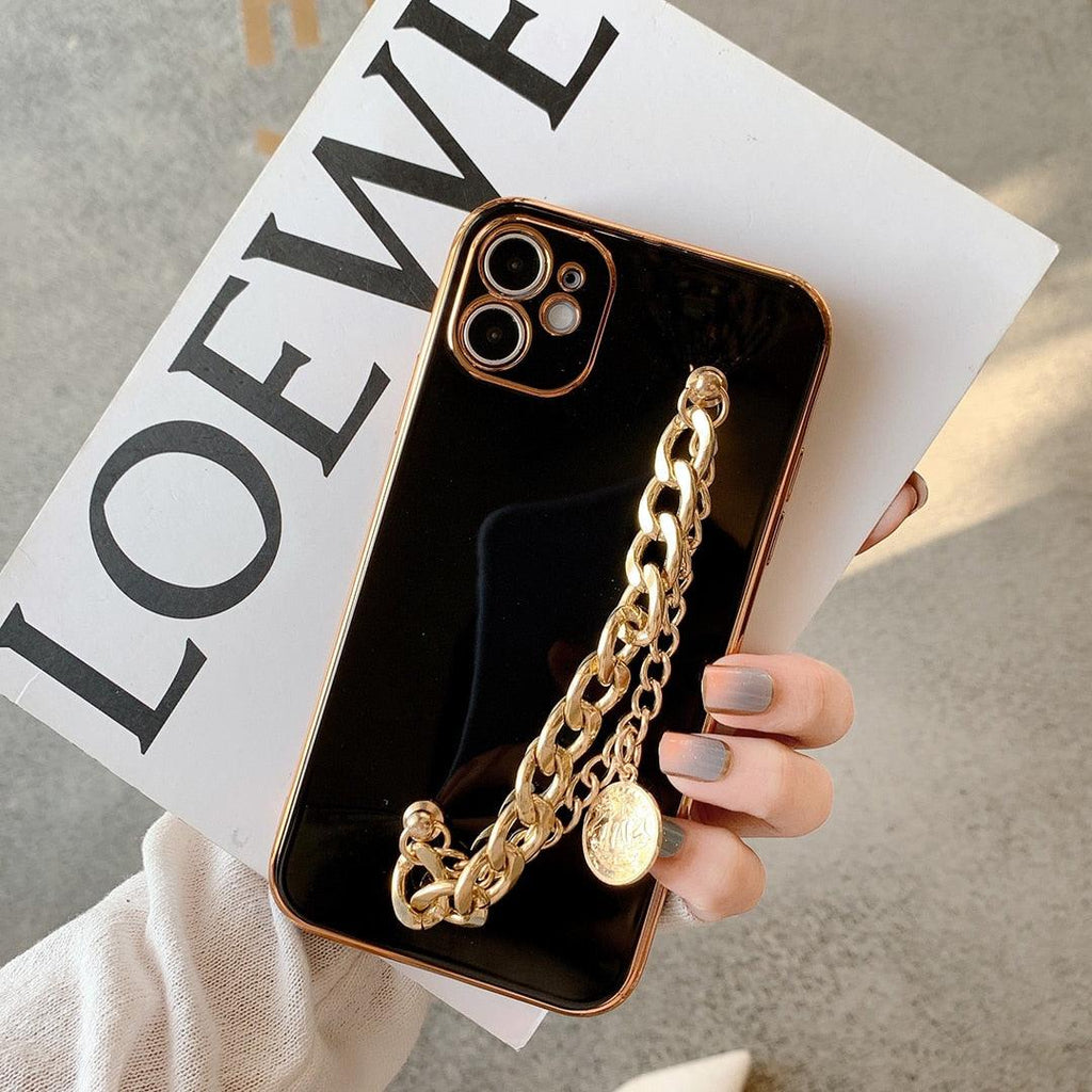 Luxury Glossy Gold Color Metal Coin Bracelet Chain Protective Case Cover For iPhone Soft Case for iPhone 13 12 Pro Max 14 11 pro max X XS XR 7 8 Plus Cover