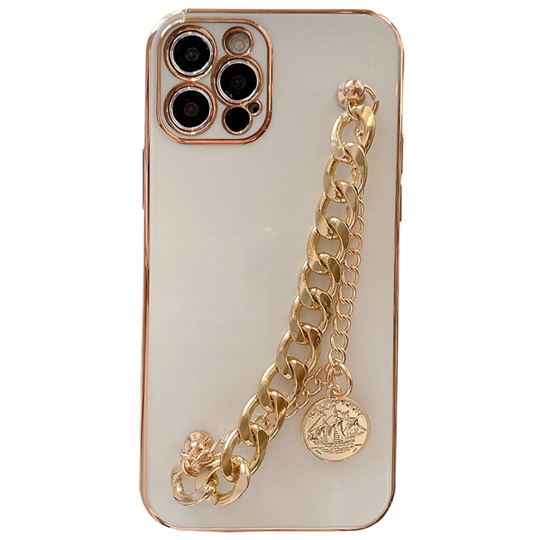 Luxury Glossy Gold Color Metal Coin Bracelet Chain Protective Case Cover For iPhone Soft Case for iPhone 13 12 Pro Max 14 11 pro max X XS XR 7 8 Plus Cover