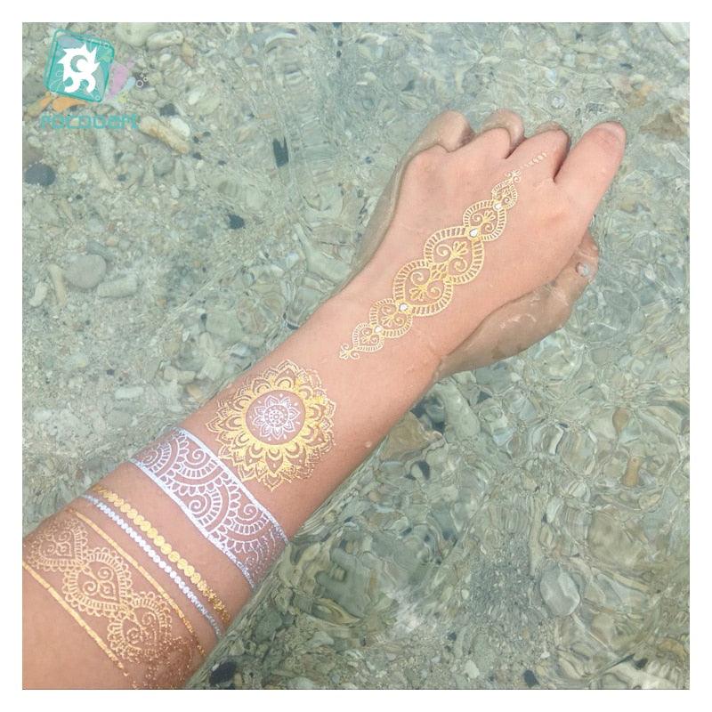 Luxury Metallic Temporary Tattoo Gold Silver Flower Sticker Long Lasting Gold Design For Womens