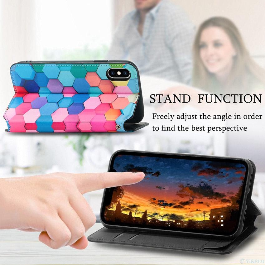 Multicolored Phone Case For iPhone 13 12 11 Pro Mini Cover Wallet Card Slot Flip Magnetic Leather PU Leather Flip Wallet Cover with Card Slots Case Cover