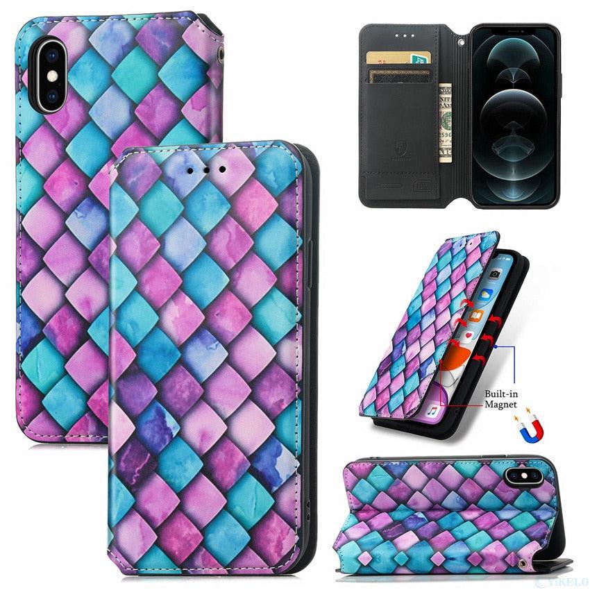 Multicolored Phone Case For iPhone 13 12 11 Pro Mini Cover Wallet Card Slot Flip Magnetic Leather PU Leather Flip Wallet Cover with Card Slots Case Cover