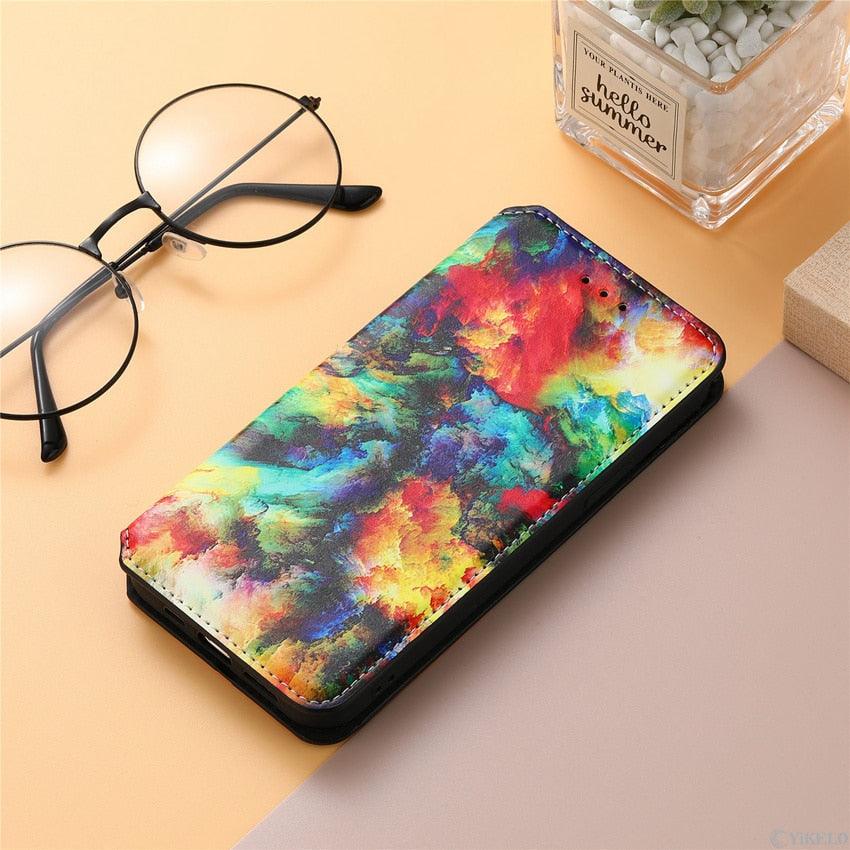 Multicolored Phone Case For iPhone 13 12 11 Pro Mini Cover Wallet Card Slot Flip Magnetic Leather PU Leather Flip Wallet Cover with Card Slots Case Cover