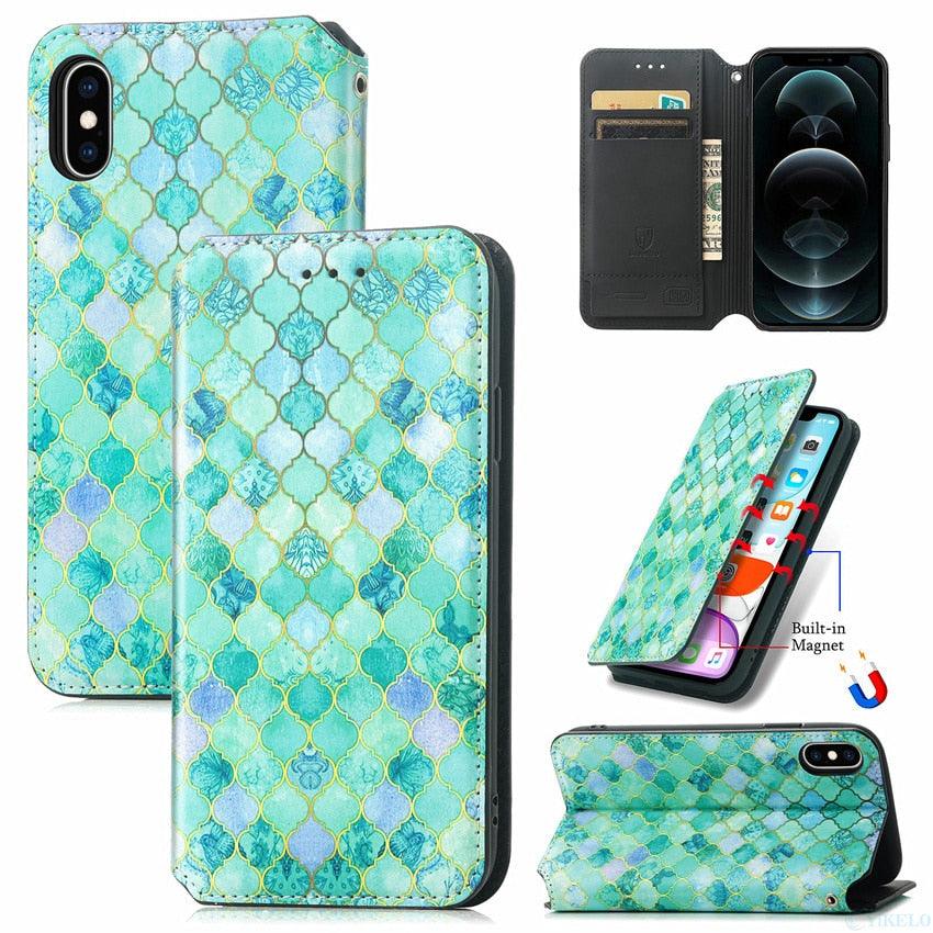 Multicolored Phone Case For iPhone 13 12 11 Pro Mini Cover Wallet Card Slot Flip Magnetic Leather PU Leather Flip Wallet Cover with Card Slots Case Cover